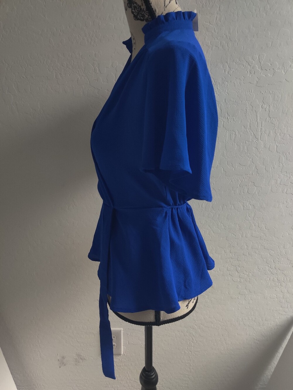🆕 Monteau Royal Blue High Collar Flutter Sleeves Wrap Style Peplum Top_Small - Picture 2 of 9